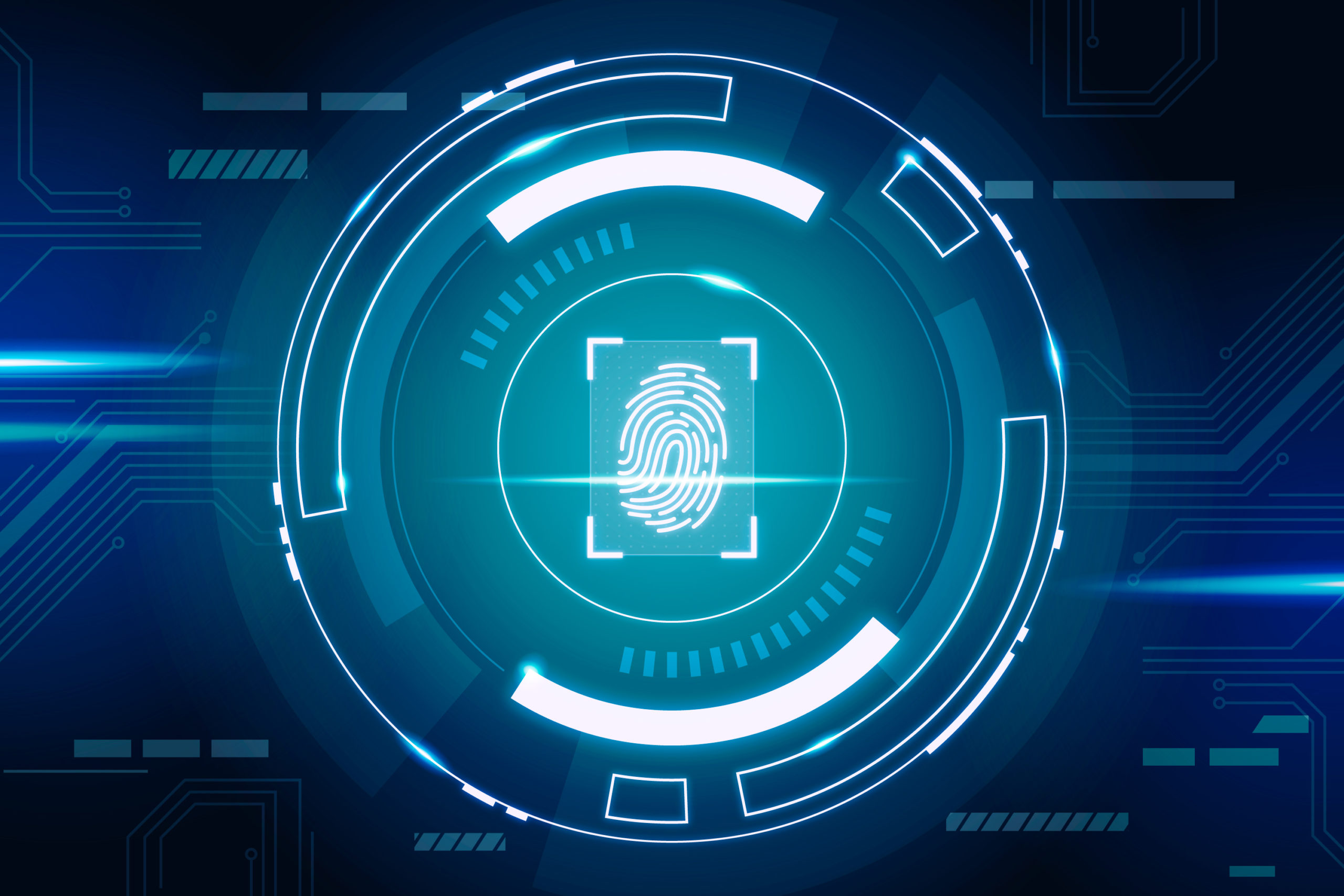 Futuristic digital interface with a glowing fingerprint scanner in the center, surrounded by circular blue neon elements and technological patterns in the background, suggesting security or biometric identification.