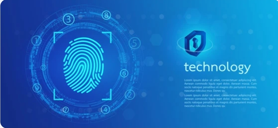 Digital fingerprint scan icon on the left with the word 'technology' and placeholder text on the right, set against a blue background with circular tech elements.