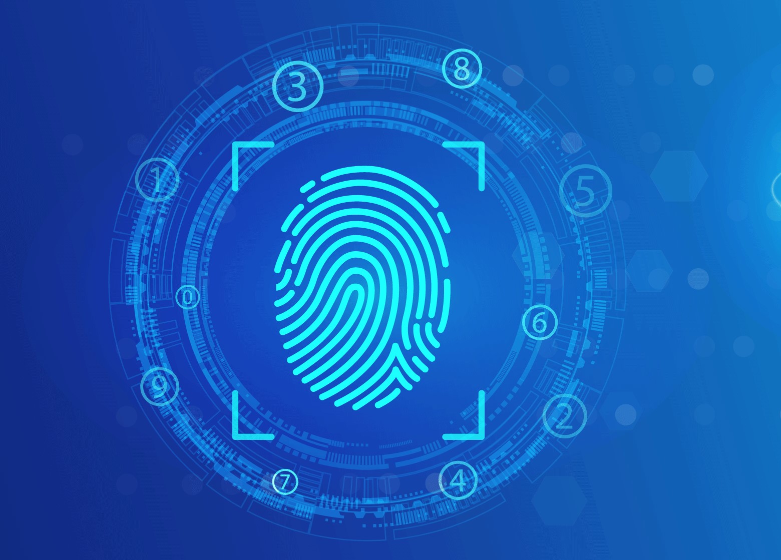 Digital fingerprint scan icon on the left with the word 'technology' and placeholder text on the right, set against a blue background with circular tech elements.