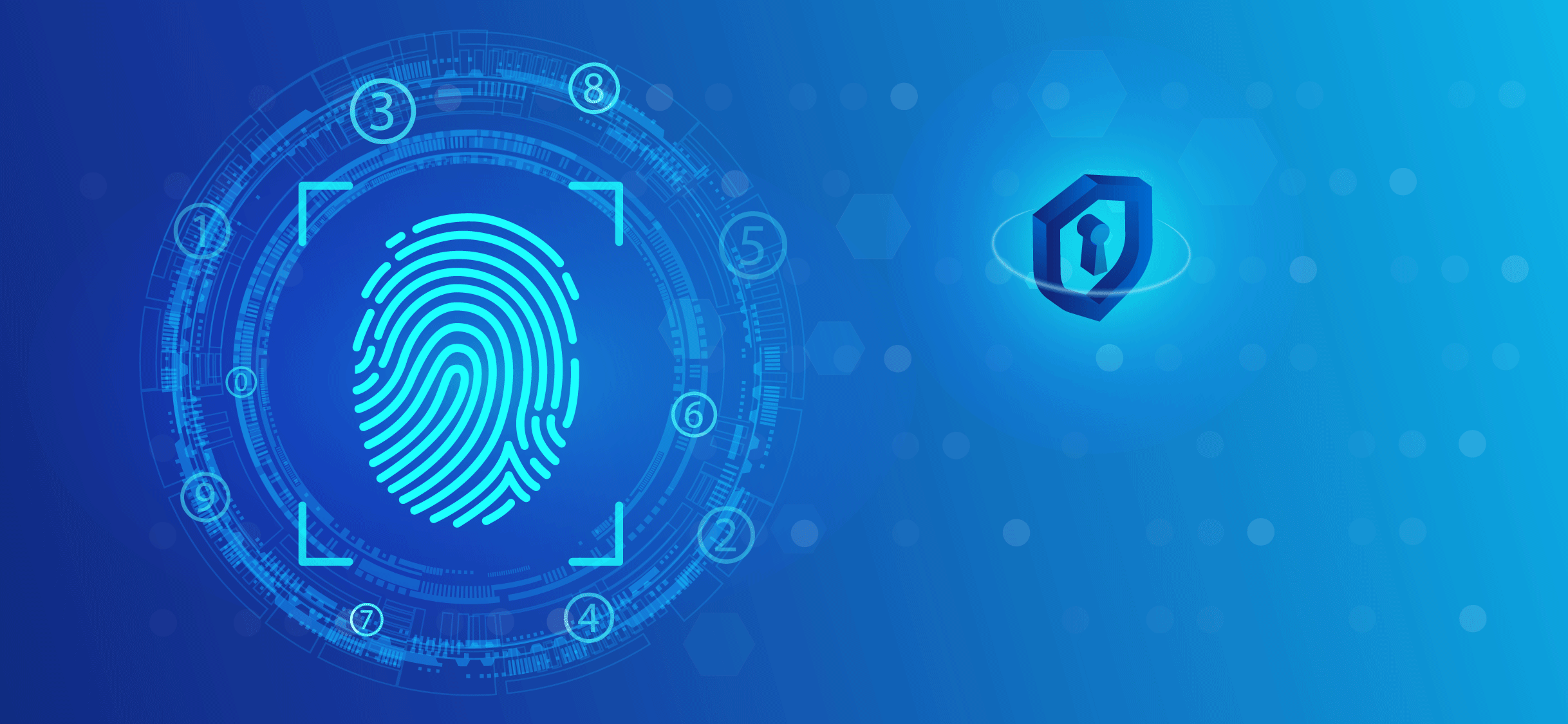 Digital fingerprint scan icon on the left with the word 'technology' and placeholder text on the right, set against a blue background with circular tech elements.