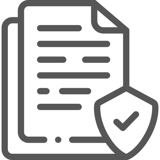 Icon representing a document with several lines suggesting text, accompanied by a shield symbol with a checkmark on the lower right, indicating protection or security. The background is transparent