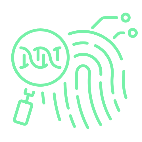 Green icon of a fingerprint surrounded by digital and data elements, symbolizing biometric data and security.