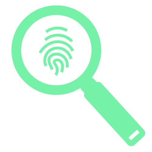 Green icon of a magnifying glass with a fingerprint, symbolizing identity search or fingerprint investigation.