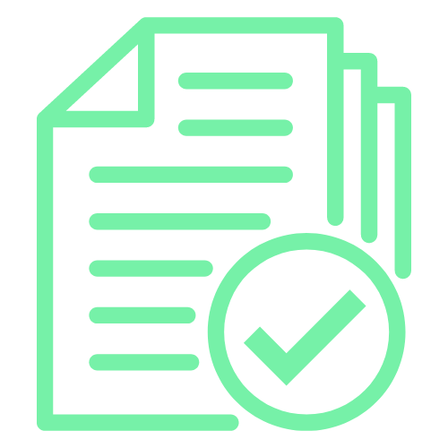 Green icon of a document with a checkmark, symbolizing verified approval or document completion.