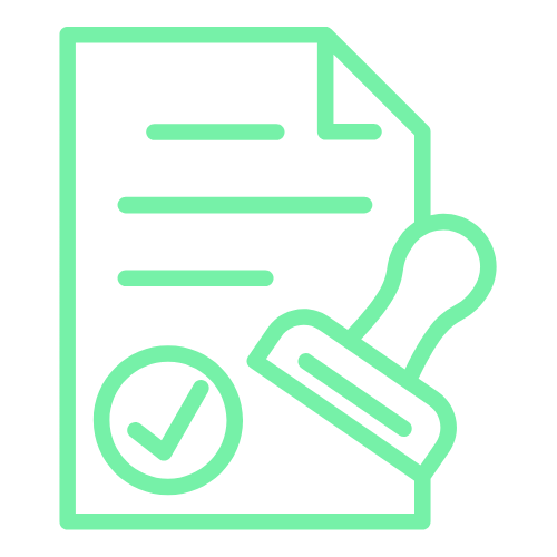 Green icon of a document with a stamp and checkmark, symbolizing document approval or verification.