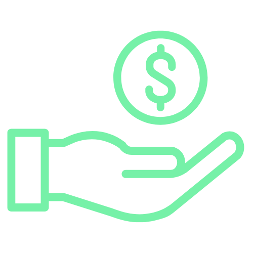 Green icon of a hand holding a dollar sign, symbolizing cost or payment.