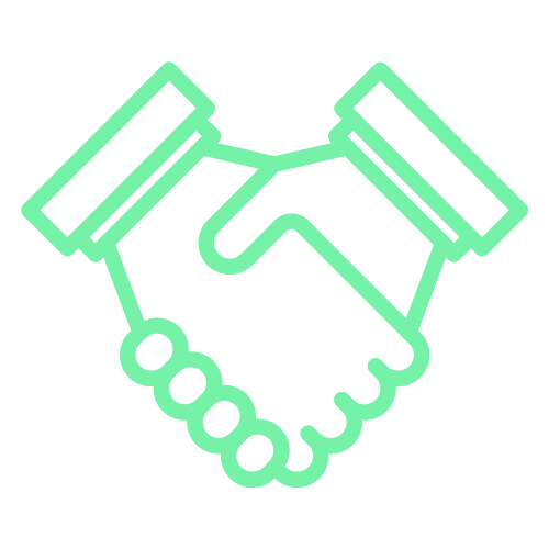 Green handshake icon, symbolizing partnership, agreement, or collaboration.