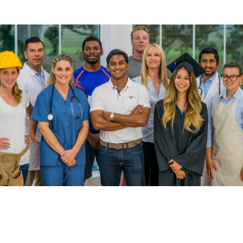 A diverse group of professionals and graduates, including a construction worker, nurse, engineer, and graduate in cap and gown, standing together and smiling.