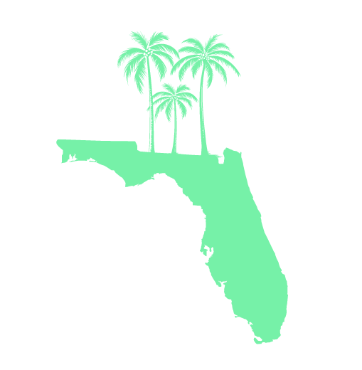 Green outline of the state of Florida with palm trees, symbolizing services or locations in Florida.